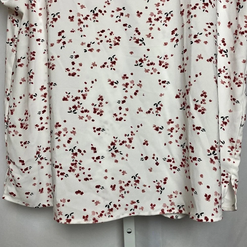 Hillary Radley Womenʻs White Floral Split Neck Short Sleeve Blouse Large